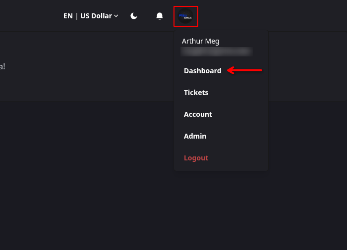 User opening the Dashboard button under the user icon
