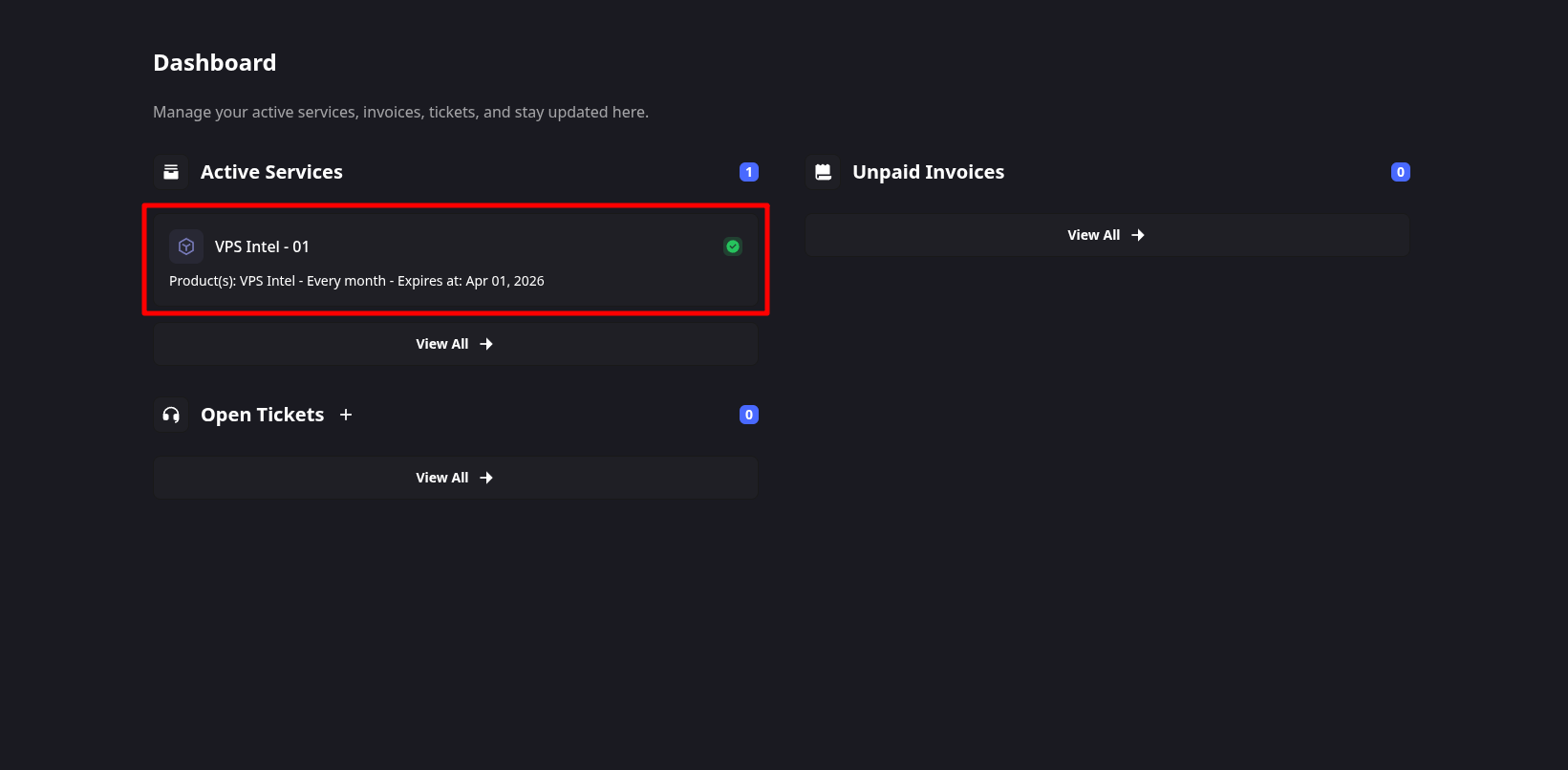 User clicking on an active service called 'VPS Intel - 01'